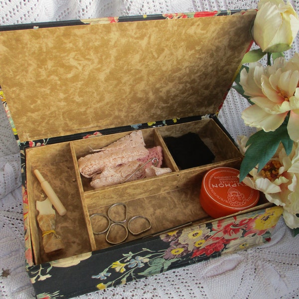 French Antique Fabric Covered SEWING BOX Sampler Boite à Couture Napoleon III Fabric Pink Peonies