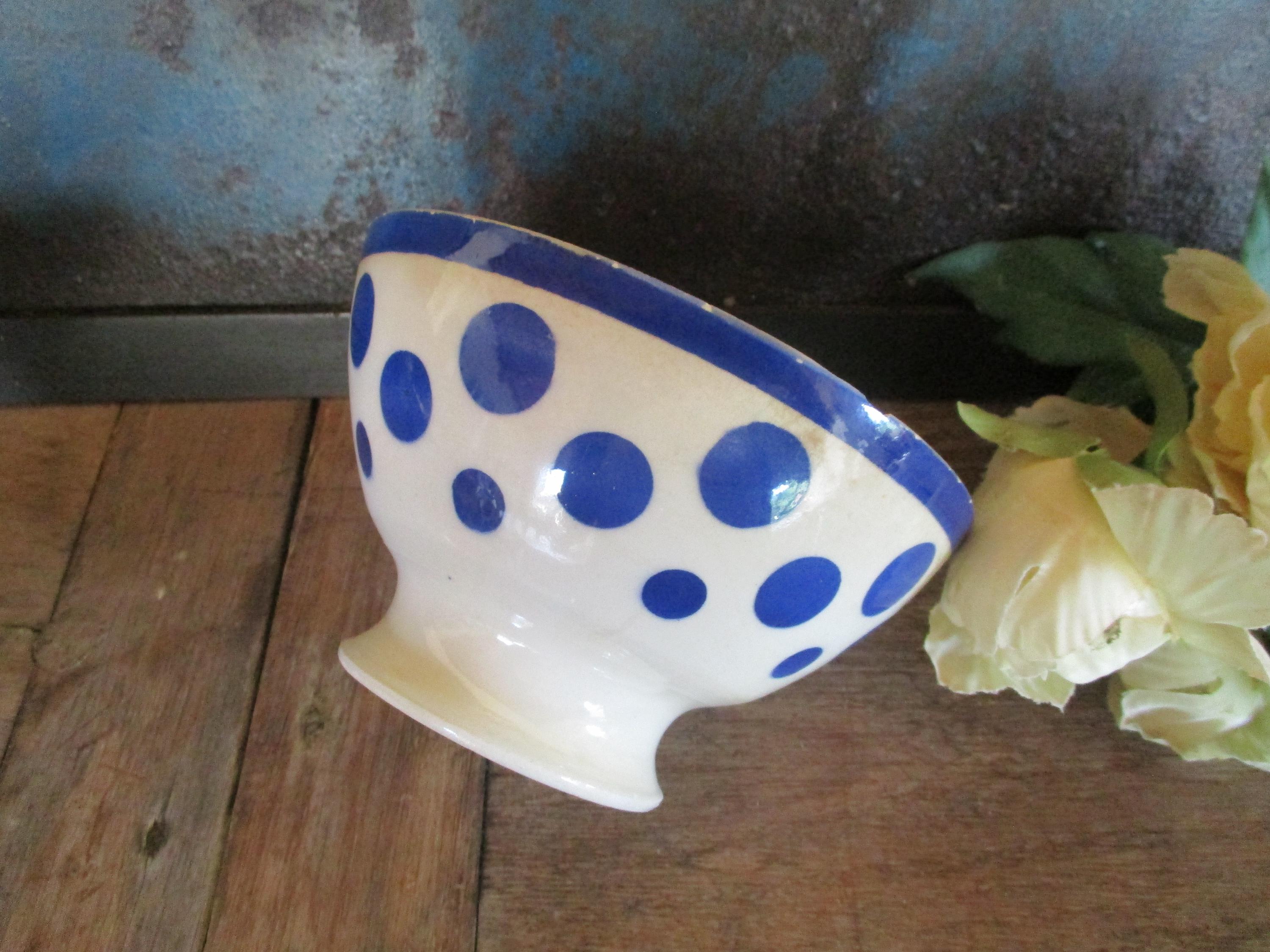 ヴィンテージ陶器 ブルー水玉模様 ボウル「カフェ・オ・レ」 フランス