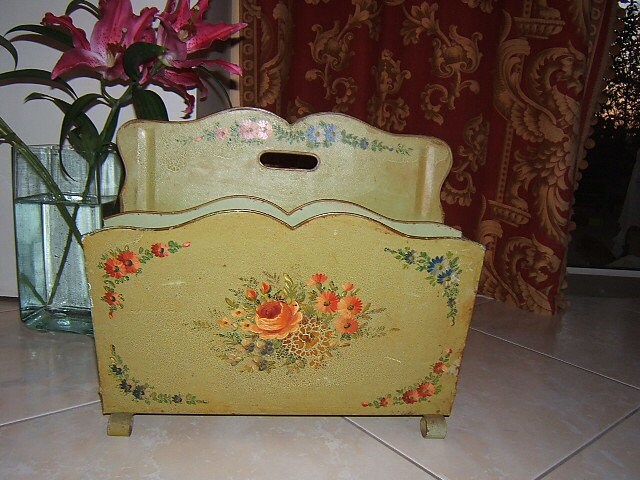 Antique Hand Painted Français Toleware Magazine Rack Holder Napoleon Iii Design Floral Pink Roses