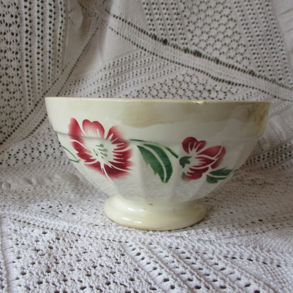 Antique french CAFE au LAIT BOWL  Pink /  Red Flowers pattern. Signed Digoin