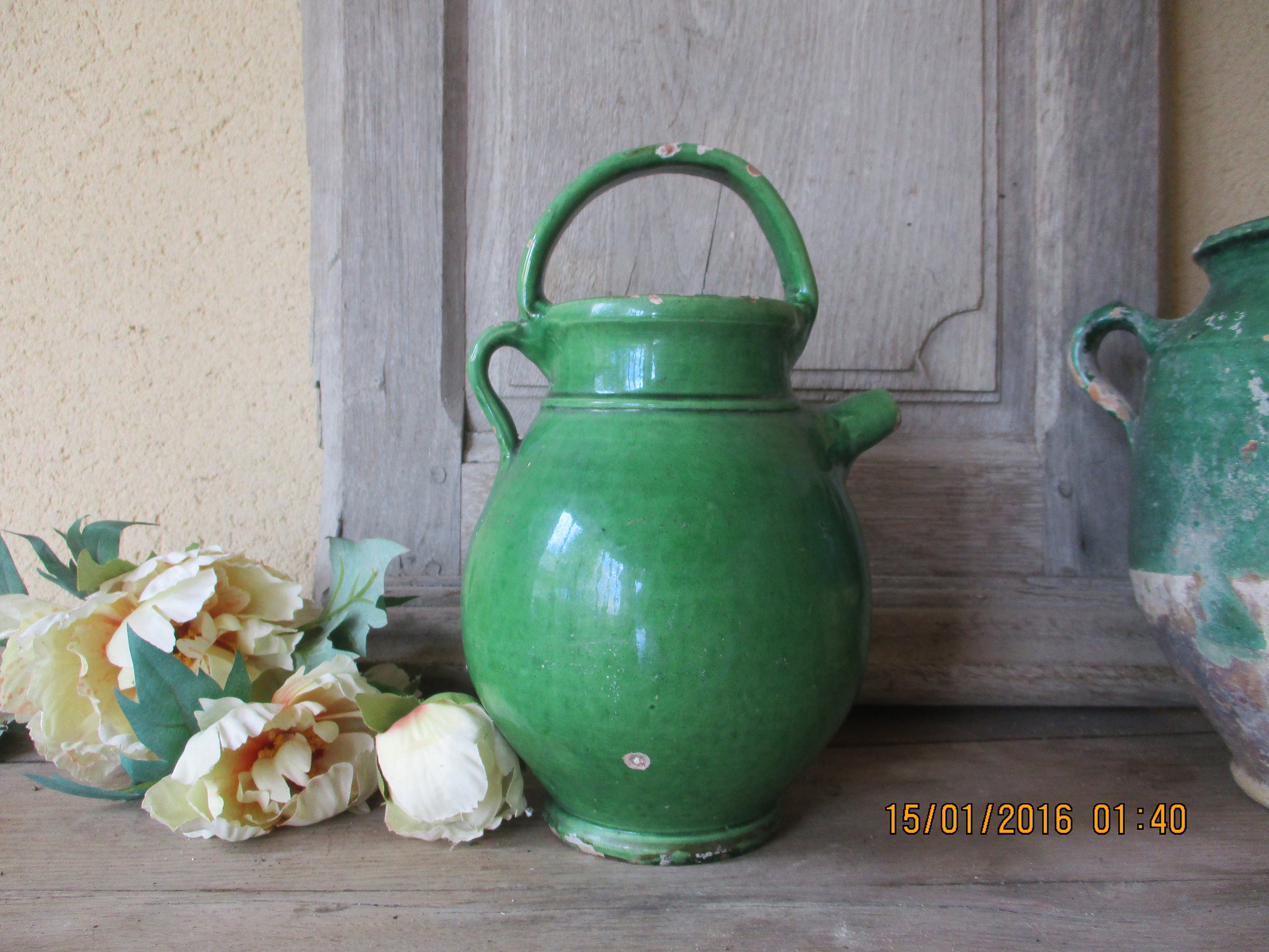 Rare Vieux Petit Français Vert Glazed Eau Pitcher Gargoulette Poterie Provence Signé Joseph Elie Sal