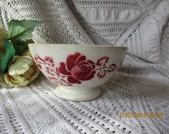 Antique french CAFE au LAIT BOWL  pink Roses and eyelet pattern. Signed Digoin France and numeroted.