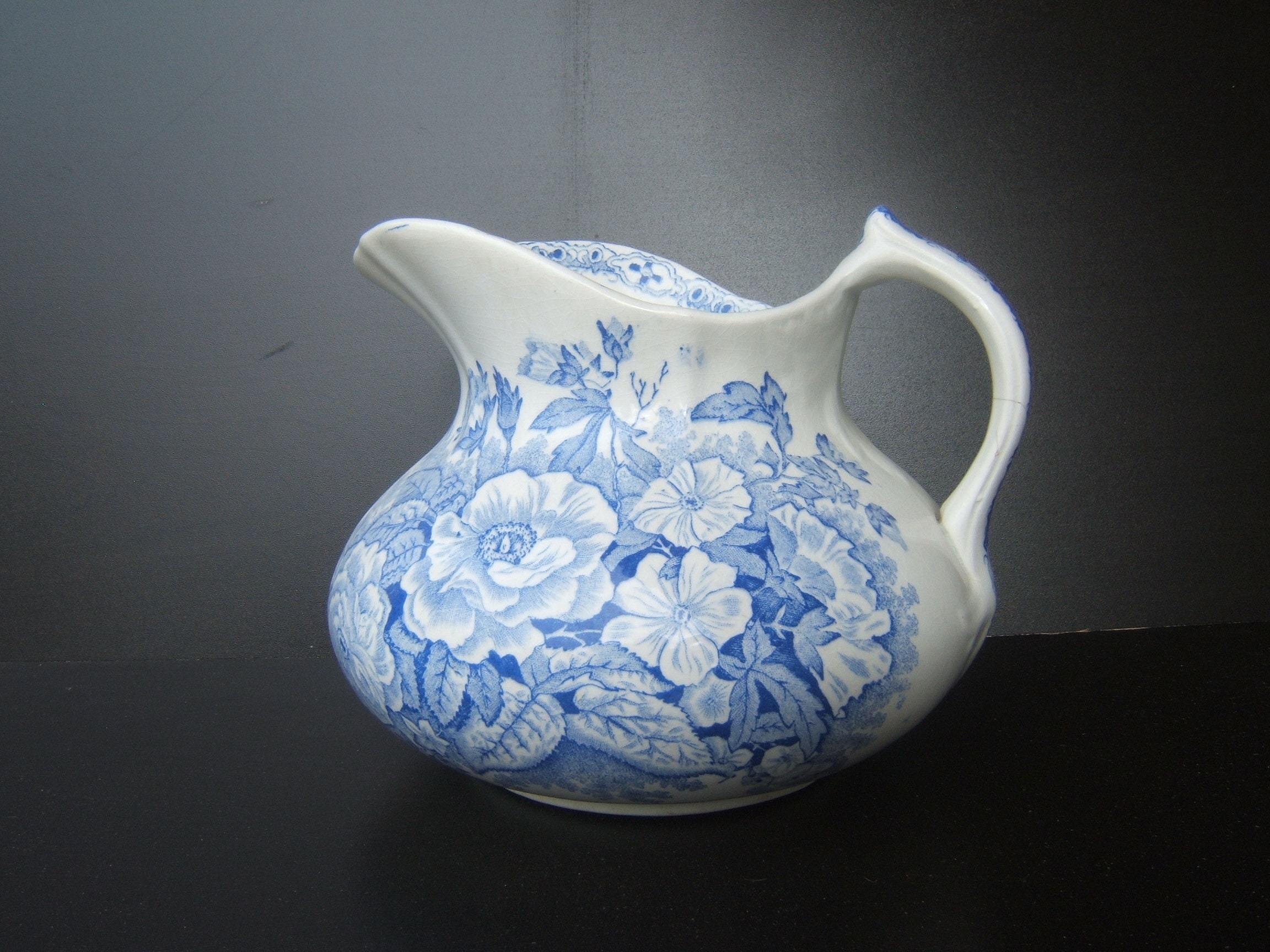 Antiquité French 19Th Century Onnaing Ceramic Pitcher Blue Floral Transfer Flora