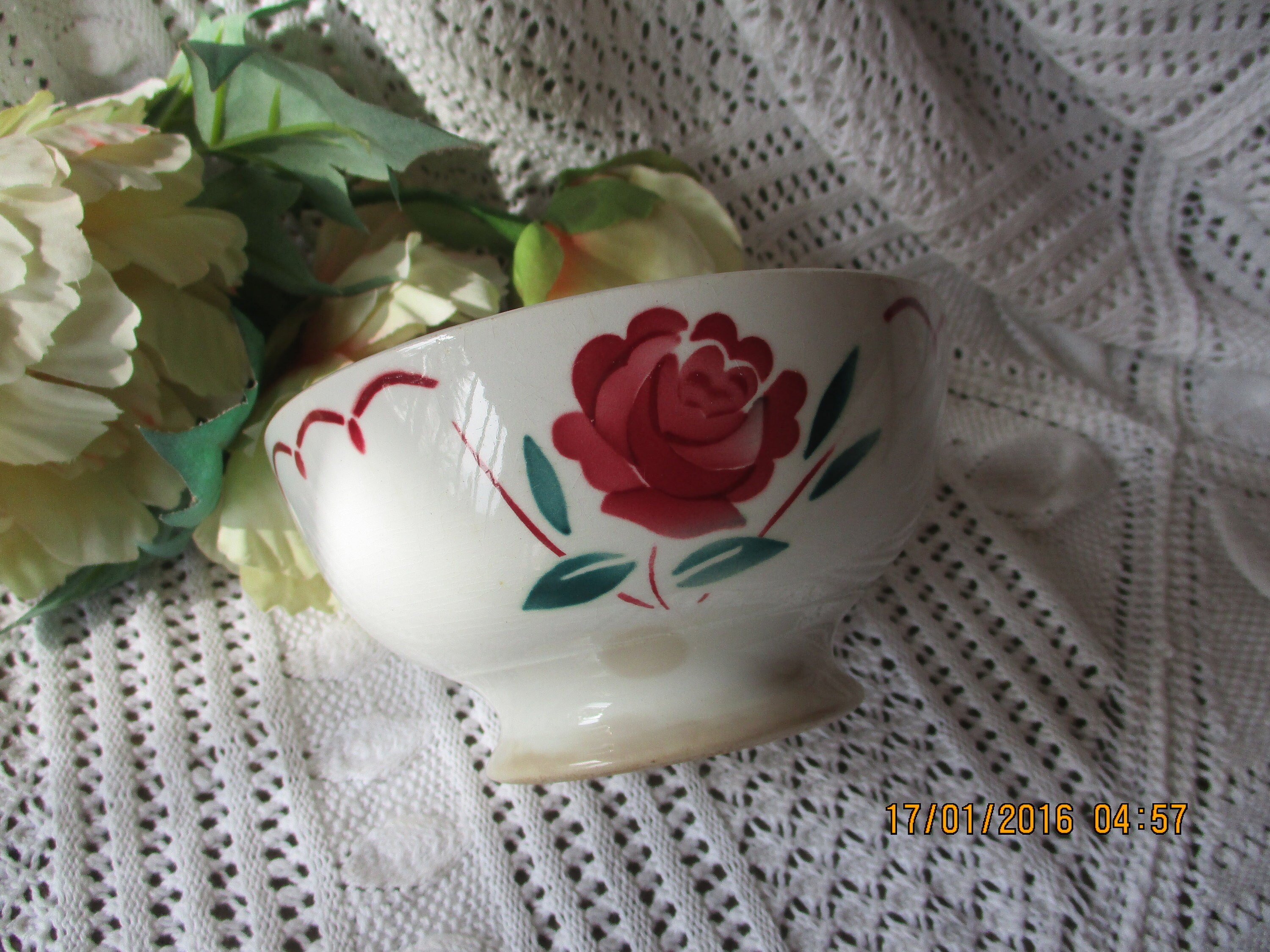 Ancien Français Cafe Au Lait Bowl Rose Roses Motif.