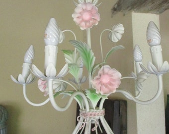 Stunning Vintage Toleware Shabby Chic French / Italian CHANDELIER TOLE painted with pink FLOWERS 5 Light 1960