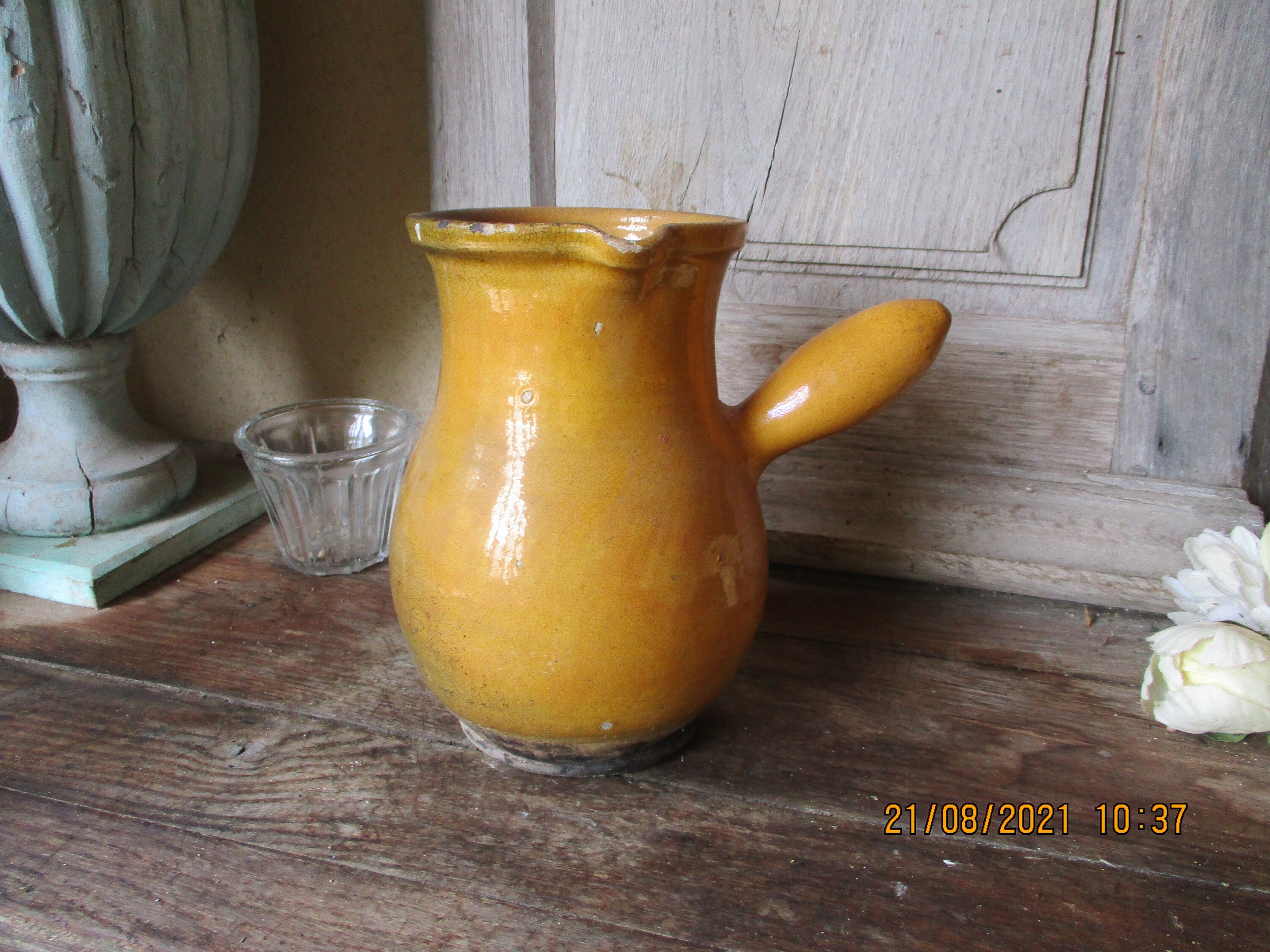 Antique Français Faïence Jaune Moutarde Glaçure Pitcher Confit Pot Poterie 19Thc