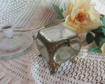 brass JEWELRY BOX, antique French with beveled GLASS. Wedding Ring Box. Treasure Box