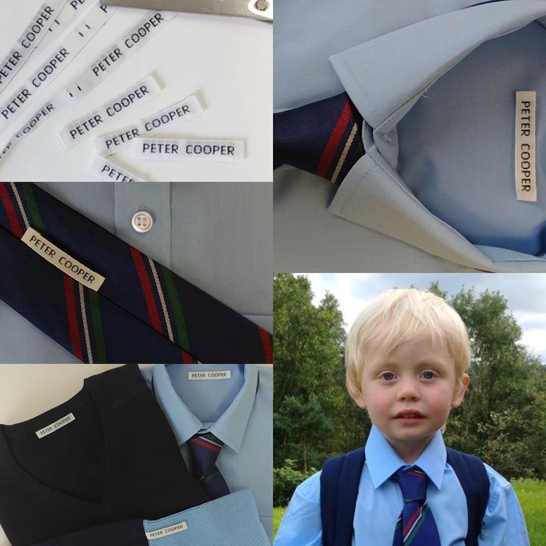 May include: A collection of iron-on name labels with the name "Peter Cooper" printed on them. The labels are shown on a variety of clothing items, including a blue shirt, a black sweater, and a blue tie. A young boy is also wearing a blue shirt and tie with the name label.