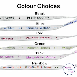 May include: A white woven label with different colored text showing color choices for woven labels. The colors are black, blue, red, green, pink, and rainbow.