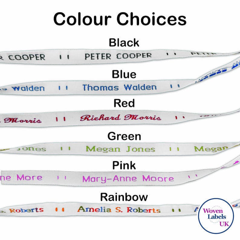 May include: A white woven label with different colored text showing color choices for woven labels. The colors are black, blue, red, green, pink, and rainbow.