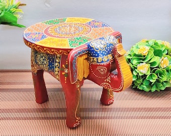 Home Decor Wooden Elephant Stool Elephant Table Indian Hand painted Decorative Wooden Stool Stand Elephant Decor Step Stool Collectible Art