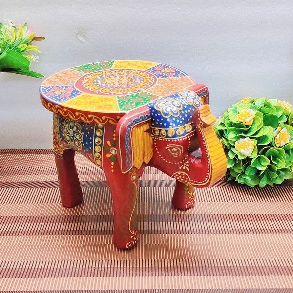 Tabouret éléphant en bois, table éléphant, décoration d'intérieur indienne, tabouret décoratif en bois peint à la main sur pied, décoration éléphant, art de collection