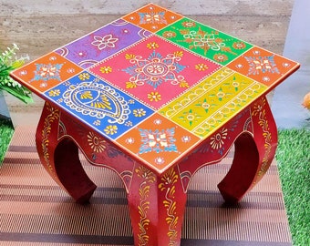 Wooden Stool Step Stool Hand painted Opium Stool Decorative Stool 12 Inch Nightstand Bedside Table Corner Stool Indian living room Furniture