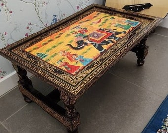 Mesa de centro de madera pintada a mano mesa de centro plegable sólida, mesa de cóctel hecha a mano hermosa mesa de decoración de la habitación del hogar mesa única arte indio