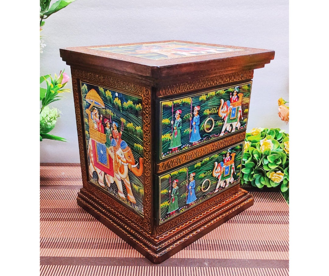 Wooden Hand Painted Pillar Stand Corner Stand With Drawer Side Table