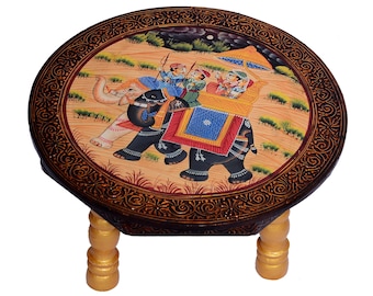 Wooden Chowki Hand painted Indian Chowki Pooja Chowki Wooden Bajot Altar Table Round Chowki Pooja Chowki for God Idol Chowki Stand for Idol