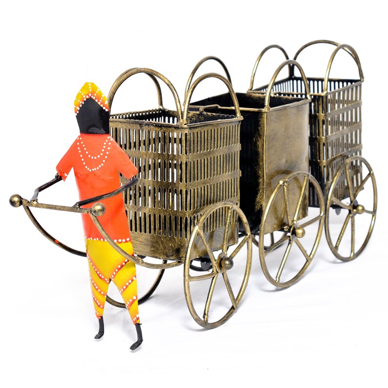 Metal painted Tabletop Bottle Stand, Designer Man Pulling Cart 3 Bottle Holder, Indian Decorative Bottle Stand for Home Decor, Table Decor