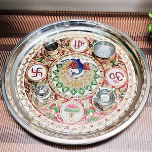 Indian Pooja Thali Set Puja thali Decorative Pooja thali Meenakari Pooja plate Stainless Puja thali Diwali Pooja thali Home Pooja thali