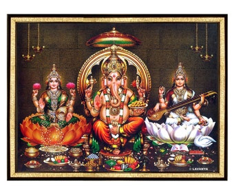 Lakshmi Ganesha Saraswati Photo Frame: Puja Room Wall Decor