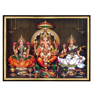 Lakshmi Ganesha Saraswati Photo Frame, Ready To Wall Mount. Office Anniversary & Job Promotion Gift, For Puja room