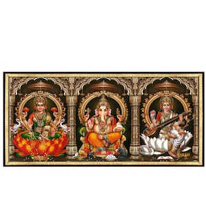 Cornice per foto 3 in 1 Lakshmi Ganesha Saraswati, decorazione da parete religiosa per il tuo nuovo altare domestico