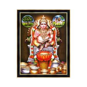 May include: A colorful painting of a Hindu deity sitting on a throne with a fish in front of them. The deity is surrounded by offerings of food and grain. The painting is framed in gold and black.
