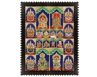 Impresión fotográfica de dios y diosa hindú, marco de madera de teca, arte Astalakshmi