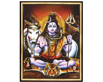 May include: A framed painting depicting a Hindu deity, Shiva, seated in a meditative pose. He is adorned with a snake, a tiger skin, and a trident. A white bull stands behind him.