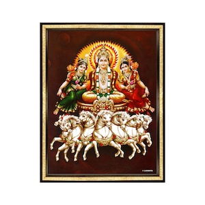 Sun God Suryanarayana Swamy With Devi Samjna & Chhaya Photo Frame. Blesses Devotees By Changing Their Luck And Destiny