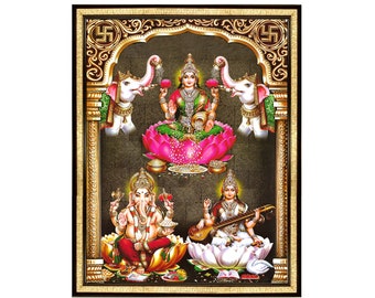 Gajalakshmi, Ganesha & Saraswati Framed Print, Puja Room Decor Duty Paid For USA