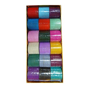 May include: A selection of colourful bangles in a box, featuring shades of red, blue, green, pink, purple, and gold. The bangles are neatly arranged and wrapped in clear plastic, highlighting their vibrant colours and intricate designs.