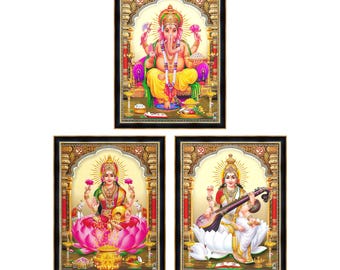 Marcos de fotos de dioses hindúes (juego de 3): Lakshmi, Ganesha y Saraswati