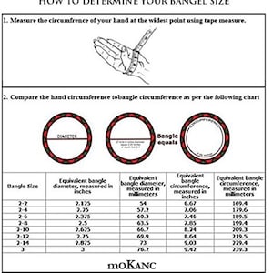 May include: A guide titled "HOW TO DETERMINE YOUR BANGEL SIZE" with instructions and a chart. The chart provides bangle size conversions, including diameter and circumference in inches and millimeters. It includes a diagram of how to measure your hand.