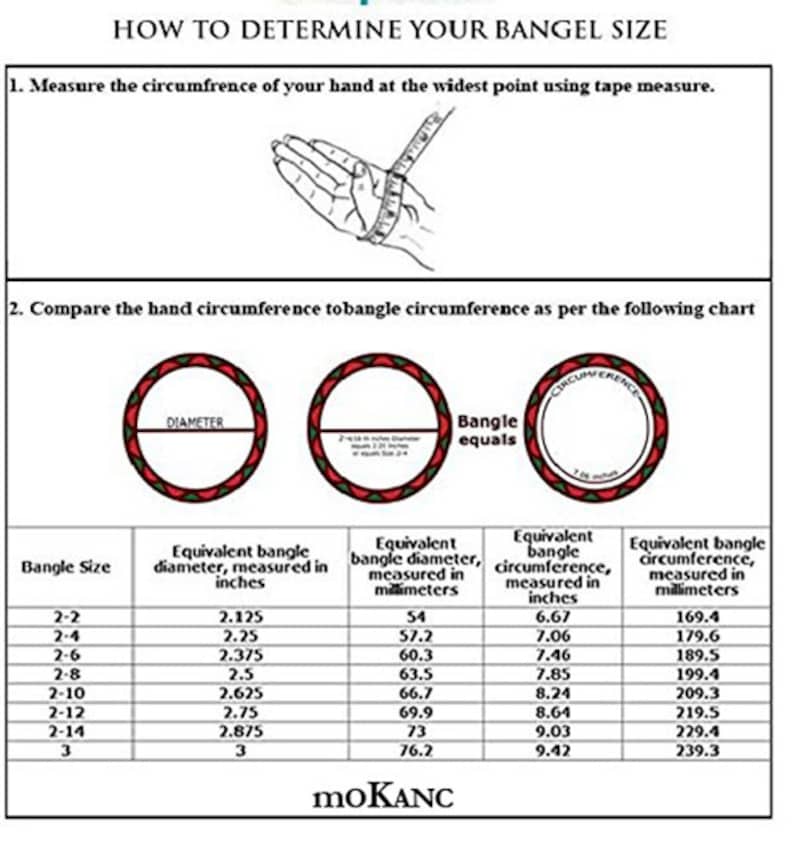 May include: A guide titled "HOW TO DETERMINE YOUR BANGEL SIZE" with instructions and a chart. The chart provides bangle size conversions, including diameter and circumference in inches and millimeters. It includes a diagram of how to measure your hand.