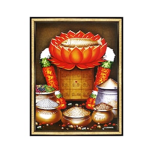 Kubera Yantra con moneta d'oro e cornice per foto con gemme preziose. Da posizionare solo nell'angolo nord-est per attrarre guadagni finanziari