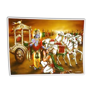 Stampa poster di Srimad Bhagavad Gita Ucharan. Tra il Signore Supremo Krishna e il guerriero Pandava Arjuna nell'epica battaglia Mahabharat