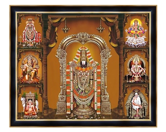 May include: A framed print of a Hindu deity, Lord Venkateswara, in a golden ornate frame. The print features a central image of the deity, surrounded by smaller images of other deities.