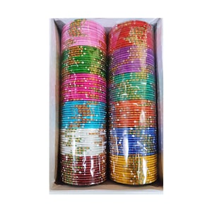 May include: A box filled with stacks of colorful bangles. The bangles are in various colors, including pink, green, blue, white, red, purple, and yellow. Each bangle is adorned with small, decorative accents.