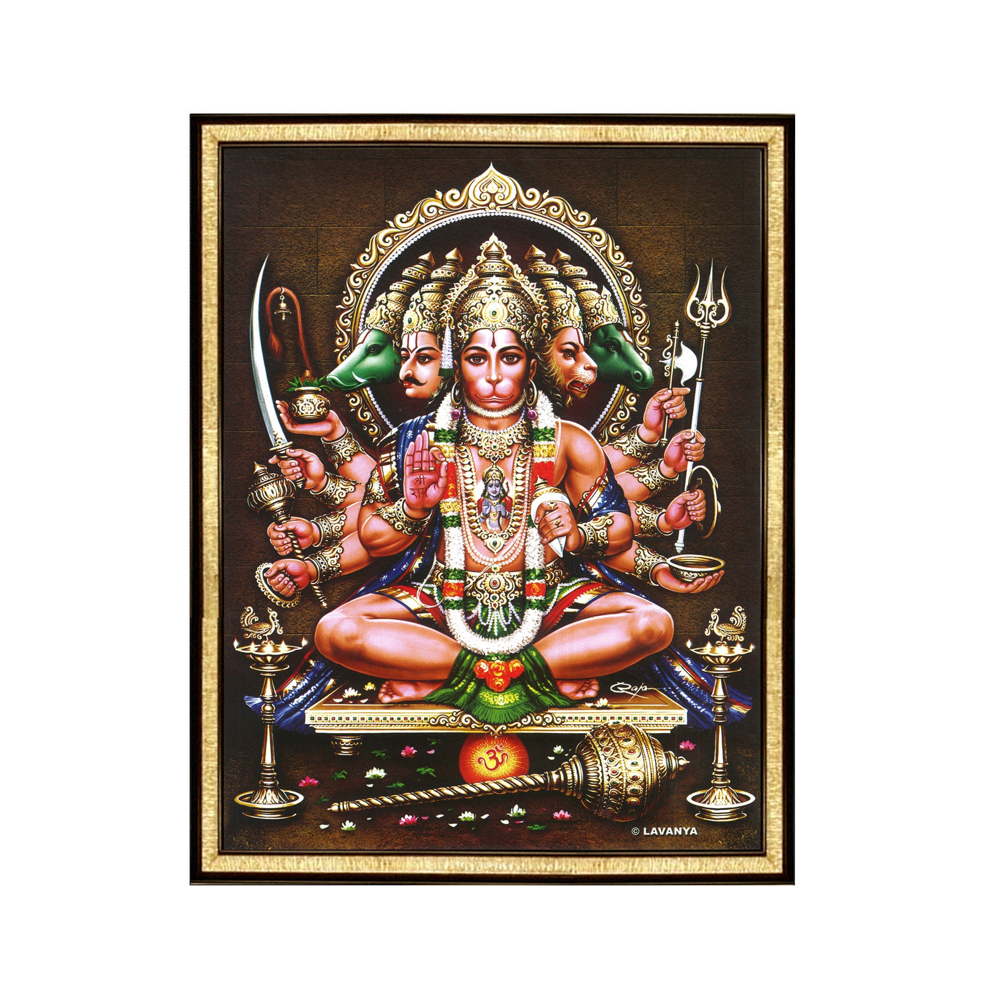 Cadre Vintage Lithographie Panchmukhi Hanuman - Inde Circa 1930 - Occasion