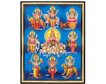 May include: A colourful illustration of the nine planets in the solar system, each depicted as a deity with a unique vehicle. The planets are Surya, Chandra, Mangal, Budh, Guru, Shukra, Shani, Rahu, and Ketu. The image is framed in a black and gold frame.