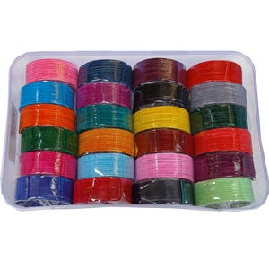 May include: A clear plastic container filled with stacks of colorful bangles. The bangles are in various colors, including pink, blue, green, orange, red, and yellow. Each stack is wrapped in clear plastic.
