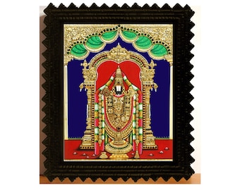 Impresión fotográfica de Venkateswara Swamy con marco de madera de teca. Envío con impuestos pagados en EE. UU.