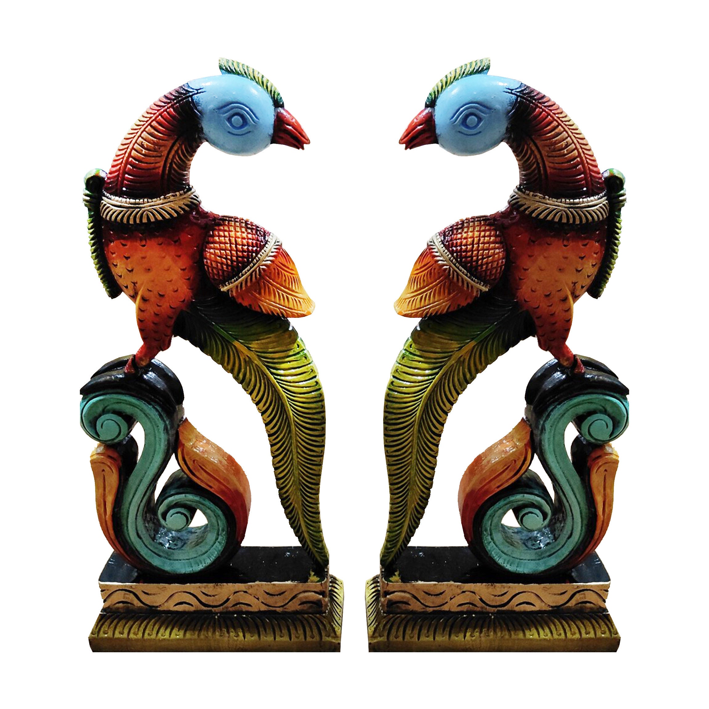 Hand Carved Jackfruit Wood Parrots Statue, South Indian Decor