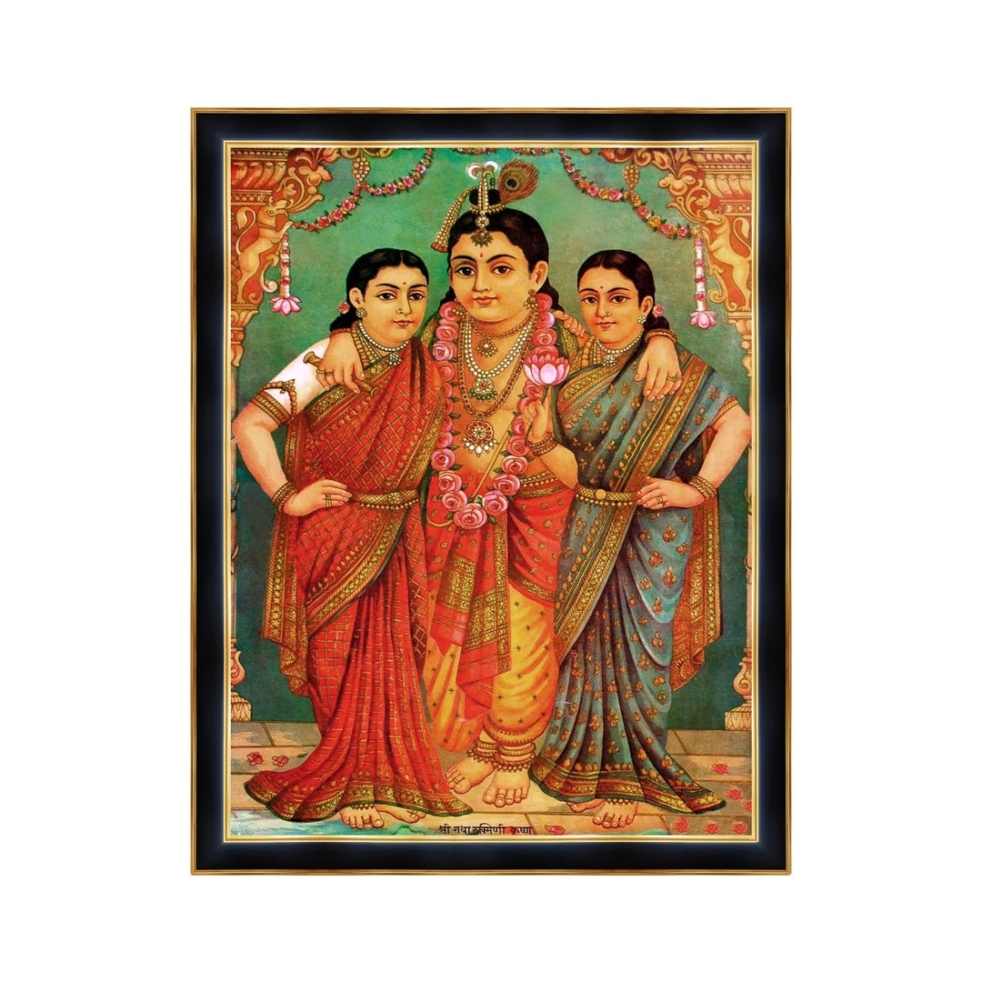 Krishna Rukmani Satyabama Framed Photo, Vintage Hindu Art, Pooja Room ...
