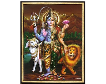 May include: A colorful painting of a Hindu deity, Shiva, with his consort Parvati. Shiva is depicted with blue skin and a third eye, holding a trident and a drum. Parvati is shown with a lotus flower in her hand. The painting also features a white bull and a lion.