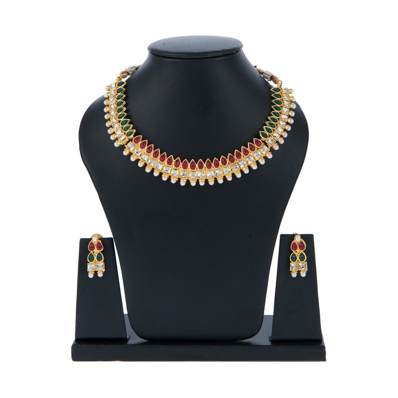 Ideal for Girls #CopperJewelry #WeddingChoker #AnniversaryGifts High Gold Polish Copper Traditional Choker Kundan Stone Set in Maroon Green