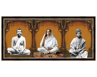 May include: A framed image of three people sitting in a meditative pose. The people are dressed in white clothing and are sitting on a patterned rug. The background is a golden color with decorative accents.