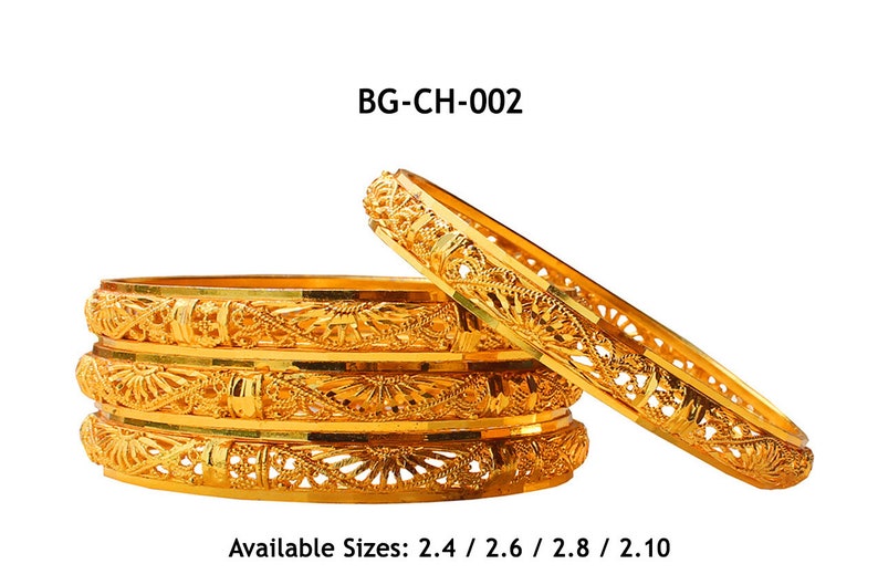 May include: Gold-colored bangles with intricate openwork designs. The bangles are stacked and displayed against a white background. The image includes the text "BG-CH-002" and available sizes: 2.4, 2.6, 2.8, and 2.10 inches.