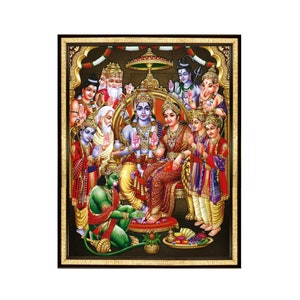 May include: A colourful painting depicting a Hindu deity, Rama, seated on a throne with his wife Sita and other figures. The painting is framed in gold and features intricate details.