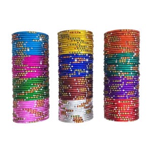 May include: Three vertical stacks of thin metal bangles in various colors including blue, pink, green, yellow, red, and silver. Each bangle features a textured surface with small, embedded multicolored glitter accents throughout.